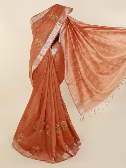 

Pothys Orange Embroidered Linen Blend Saree with Zari Border