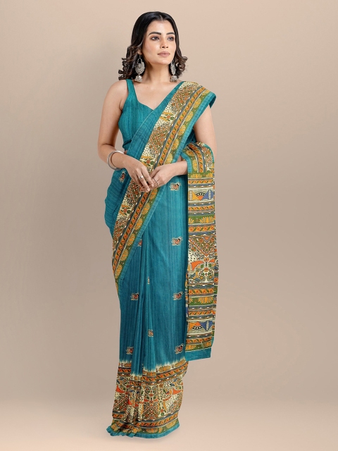 

BharatSthali Blue & Green Silk Cotton Printed Tussar Sustainable Saree