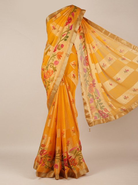 

Pothys Mustard Printed Poly Chiffon Saree with Zari Border