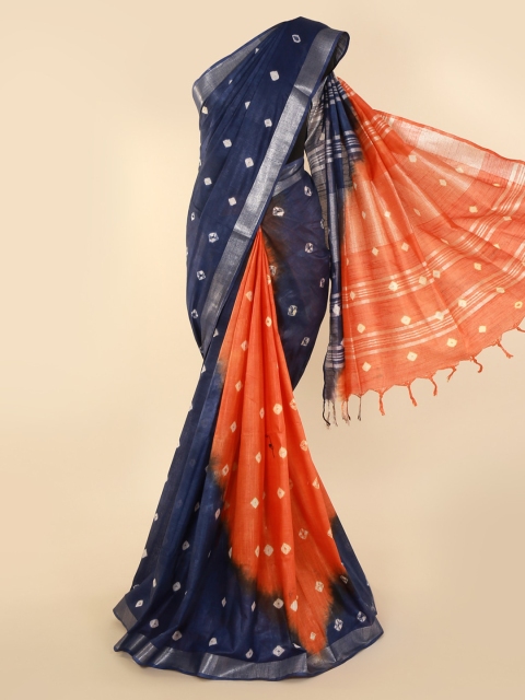 

Pothys Blue & Orange Linen Blend Solid Saree with Jhalar Pallu