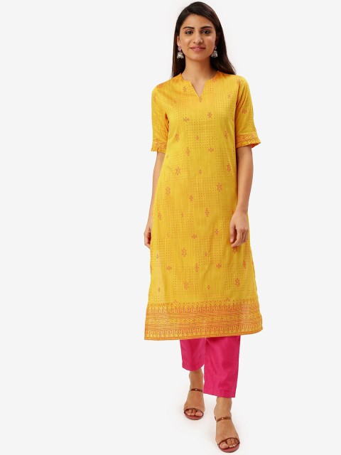 

Saaki Women Yellow Printed A-Line Kurta