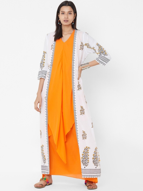 

Vedic Women White Printed Open Front Ethnic Cotton Jacket