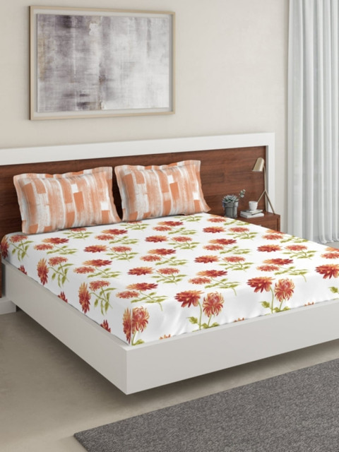 

DDecor White & Orange Floral Printed 144 TC Fitted Queen Bedsheet With 2 Pillow Covers