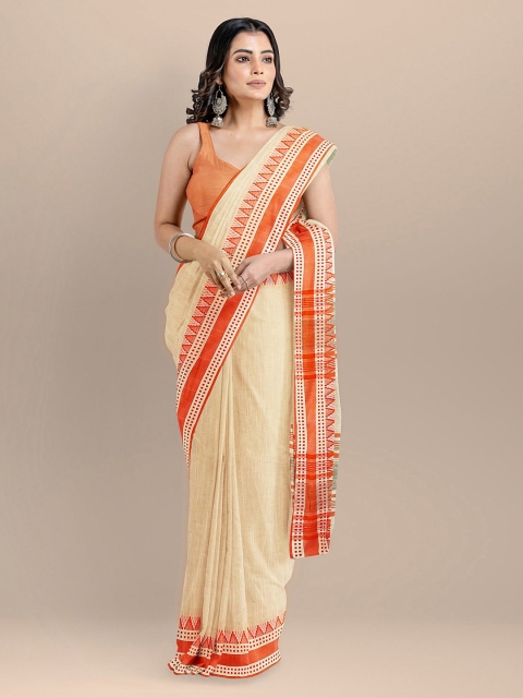 

BharatSthali Cream-Coloured & Orange Pure Cotton Solid Maheshwari Sustainable Saree