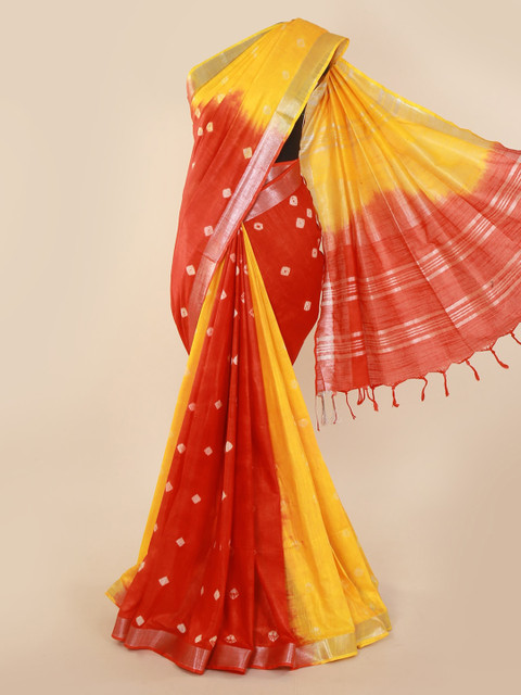 

Pothys Red & Yellow Linen Blend Printed Saree with Jhalar Pallu