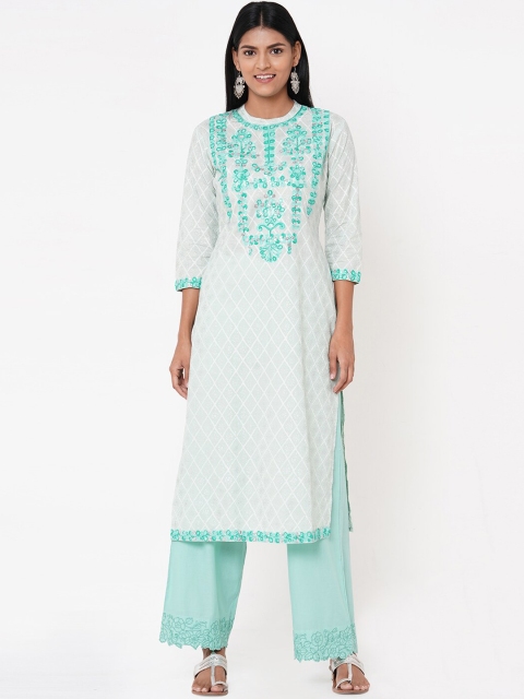

FASHOR Women White & Green Embroidered Straight Kurta