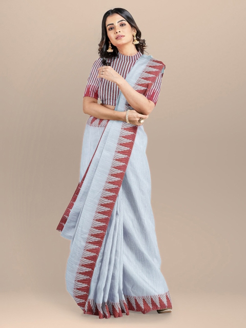 

BharatSthali Blue & Pink Linen Blend Solid Jamdani Sustainable Saree