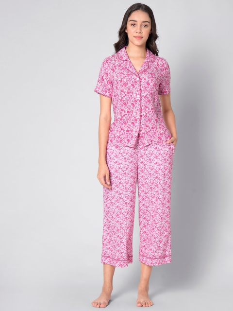 

FabAlley Women Pink & White Floral Printed Night Suit