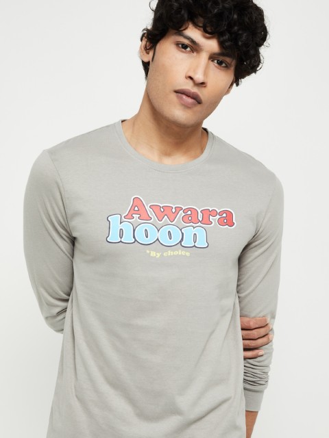 

max Men Grey Printed Round Neck T-shirt