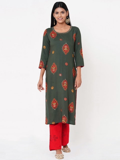

FASHOR Women Green Embroidered Straight Kurta
