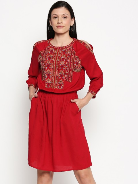 

People Women Red Printed Blouson Dress
