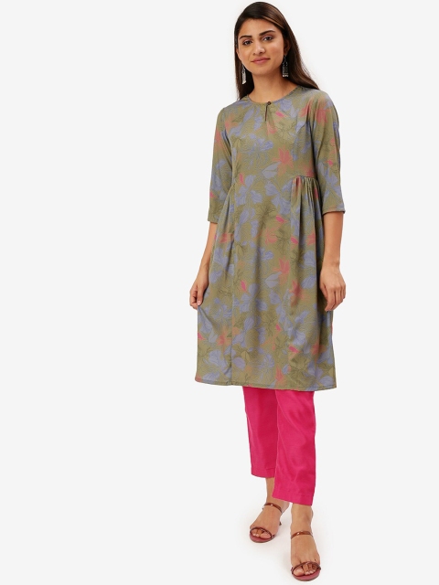 

Saaki Women Olive Green Printed Straight Kurta