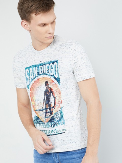 

max Men White & Green Printed Round Neck T-shirt