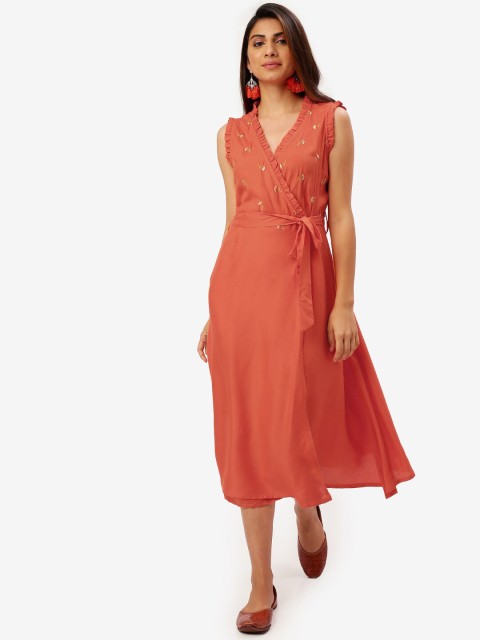 

Saaki Women Orange Embroidered Wrap Dress