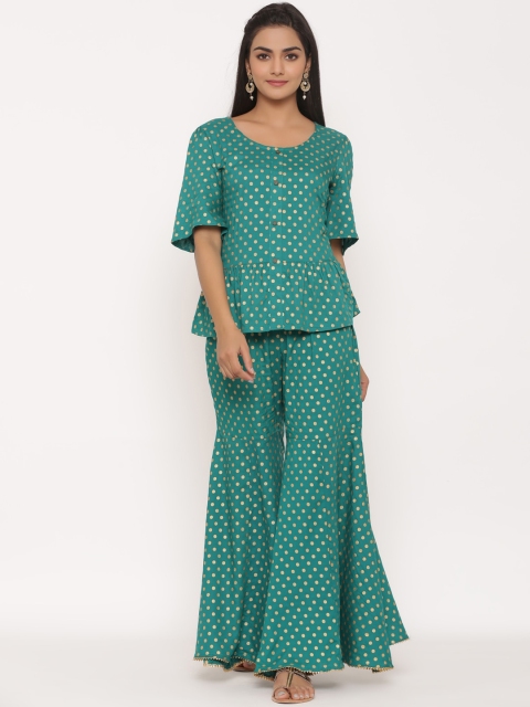 

Juniper Women Green & Gold-Coloured Polka Printed Peplum Top With Palazzo