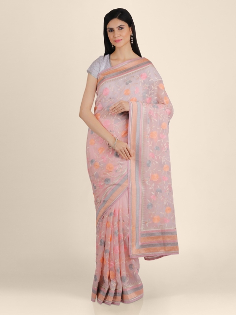 

KAJREE Pink Pure Georgette Embroidered Mysore Silk Handloom Saree
