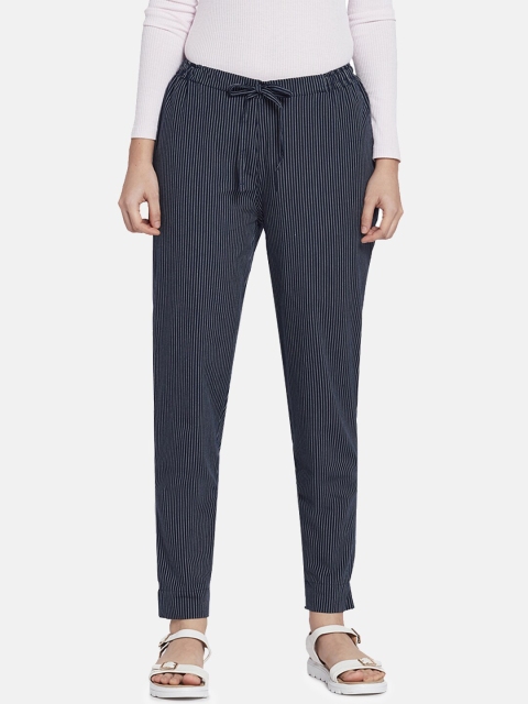 

Go Colors Women Navy Blue Straight Fit Striped Linen Regular Trousers