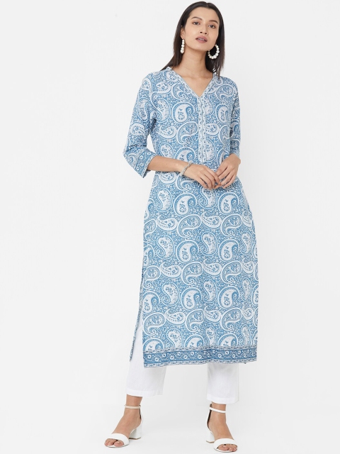 

Vedic Women Blue & White Printed Cotton Straight Kurta