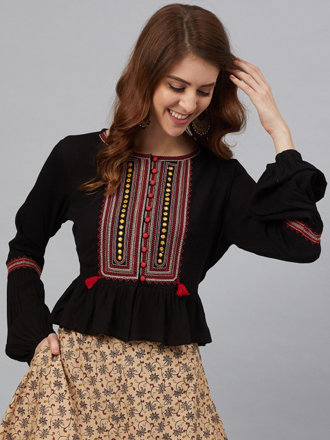 

Juniper Women Black Embellished Peplum Top