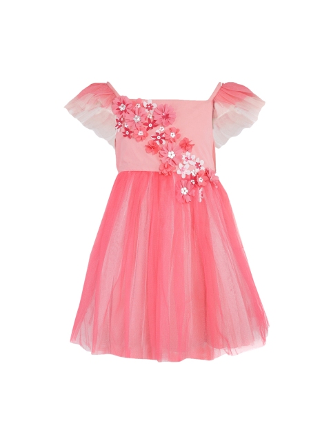 

A Little Fable Girls Coral Pink Self Design Fit and Flare Dress