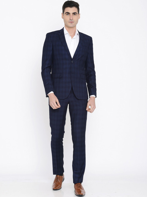 

True Blue Men Navy Blue Checked Single-Breasted Formal Suit
