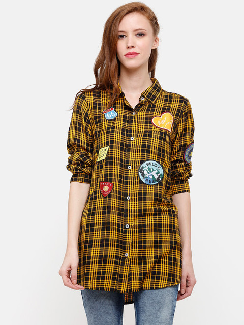 

STROP Women Yellow & Black Regular Fit Checked Casual Shirt