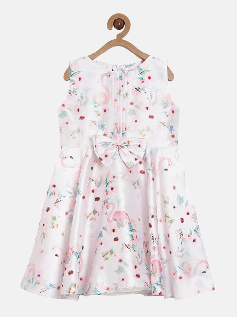 

Aomi Girls White & Pink Printed Fit and Flare Dress