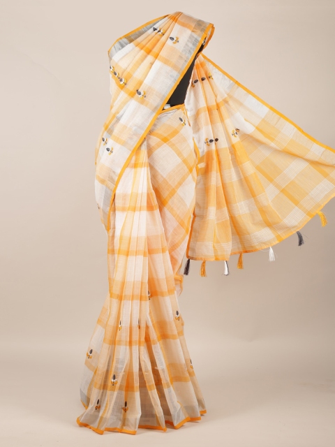 

Pothys Yellow & White Linen Blend Checked Saree