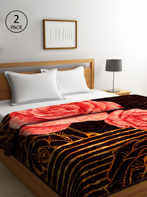 

KLOTTHE Set of 2 Brown & Pink Floral Heavy Winter 800 GSM Double Bed Blanket