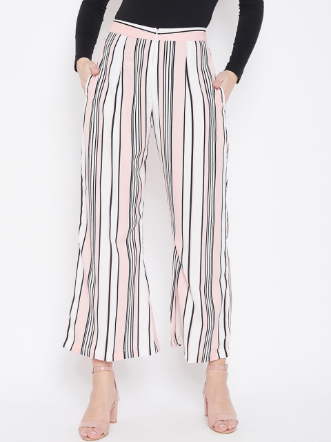 

U&F Women Pink & White Tapered Fit Striped Parallel Trousers