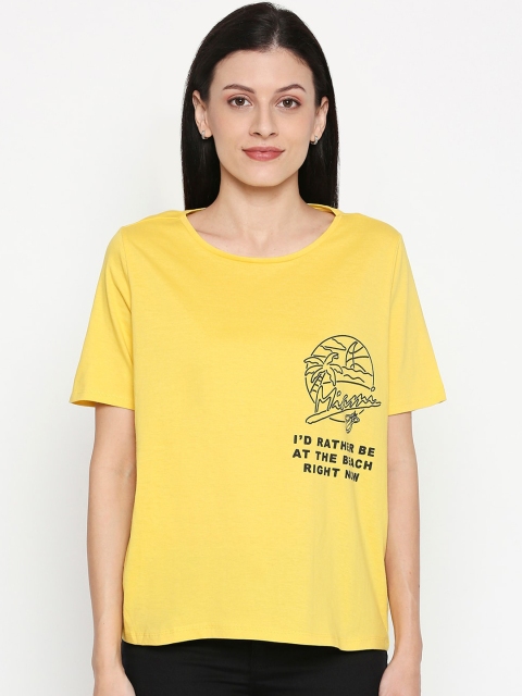 

People Women Yellow Printed Round Neck Pure Cotton T-shirt