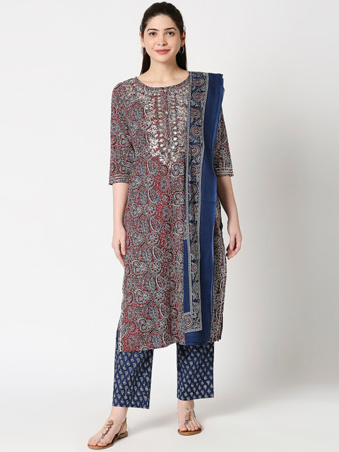 

ZRI Women Maroon & Blue Printed Cotton Kurta with Trousers & Dupatta