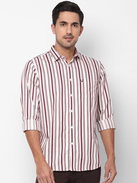 

Allen Solly Men White & Maroon Slim Fit Striped Casual Pure Cotton Shirt