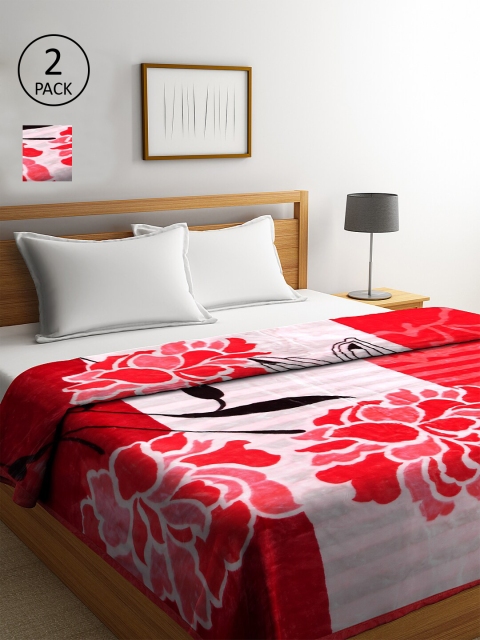 KLOTTHE Set of 2 Red & Pink Floral Heavy Winter 800 GSM Double Bed Blankets