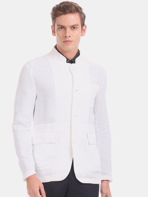 True Blue Men Off White Solid Bandhgala Slim Fit Casual Blazer