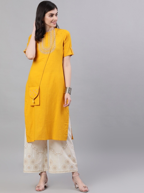 

Nayo Women Mustard Yoke Design Straight Kurta