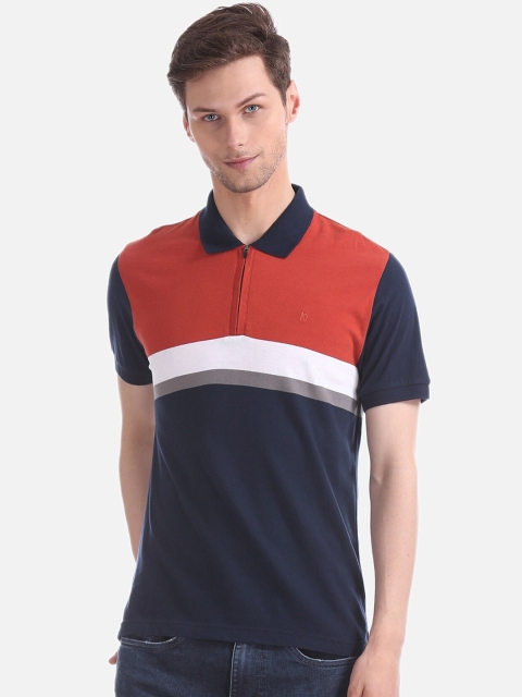 

AD By Arvind Men Navy Blue Colourblocked Polo Collar T-shirt