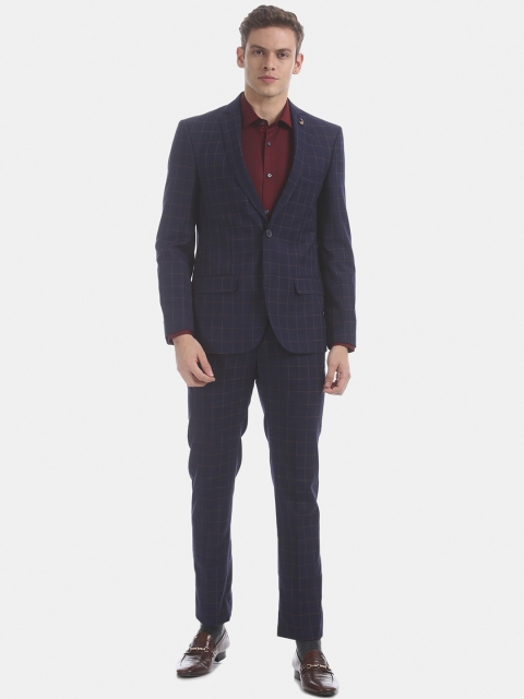

AD By Arvind Men Navy Blue & Brown Checked Single-Breasted Party Suit