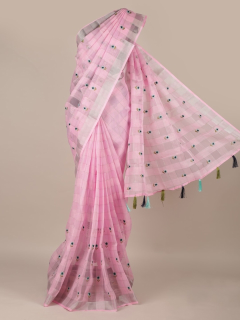 

Pothys Pink & Grey Linen Blend Checked Saree