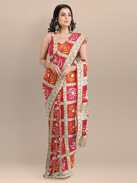 

BharatSthali Red & Gold-Toned Art Silk Woven Design Bandhani Saree