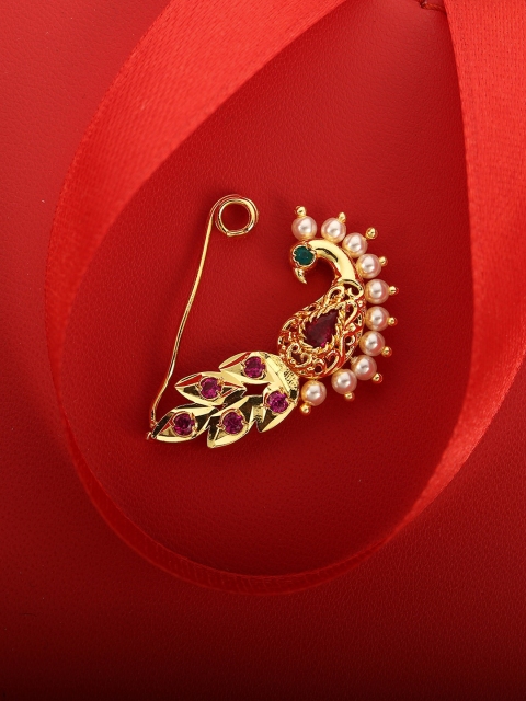 

Adwitiya Collection 24K Gold-Plated Red & White Stone-Studded Pearl Peacock Design Marathi Nose Pin