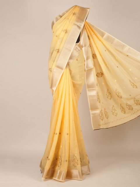 

Pothys Yellow Embroidered Jute Silk Saree
