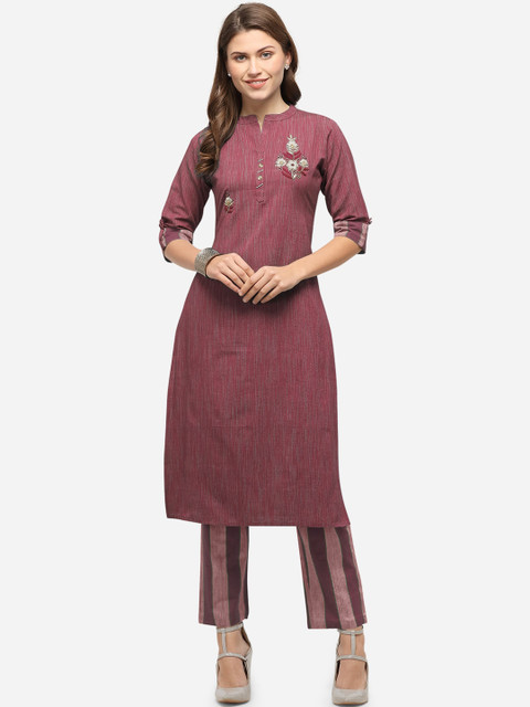 

Mirchi Fashion Women Maroon & Taupe Embroidered Kurta with Trousers