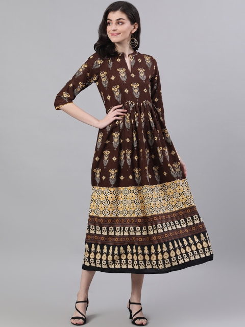 

Nayo Women Brown Printed A-Line Cotton Dress