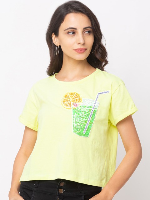 

Globus Women Lime Green Printed Cotton Round Neck T-shirt