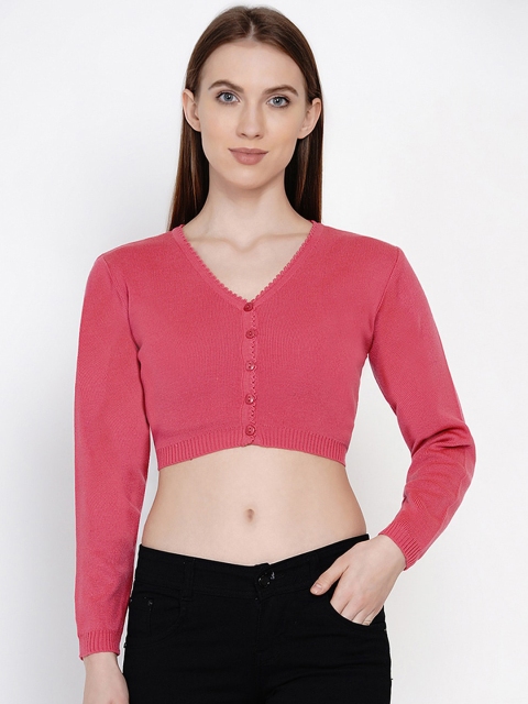 

FABNEST Women Pink Solid Sustainable Crop Cardigan Sweater