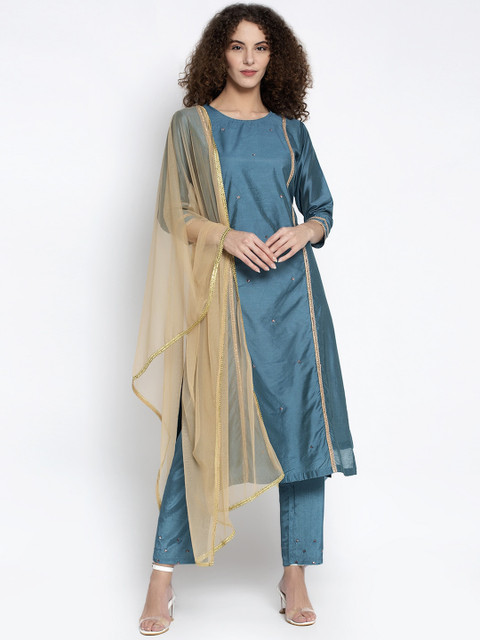

Aujjessa Women Teal & Beige Embroidered Silk Kurti with Trousers & Dupatta