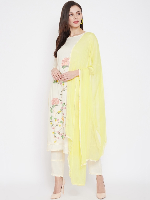 

Prakhya Women Off-White & Yellow Embroidered Kurta with Trousers & Dupatta