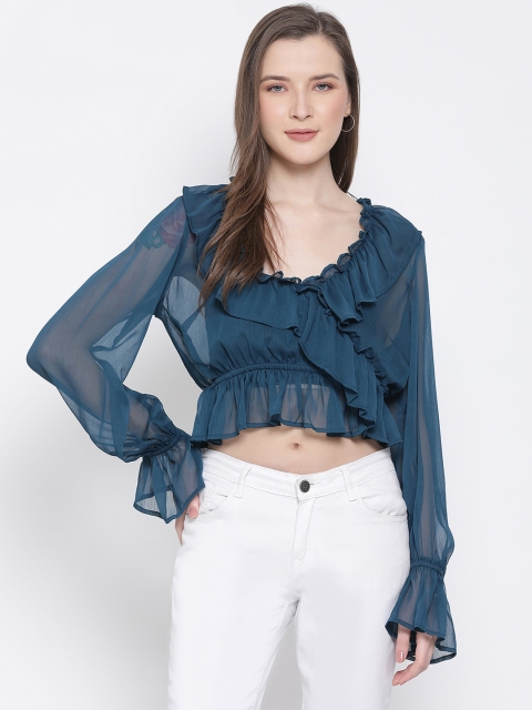 

Oxolloxo Women Blue Solid Cinched Waist Crop Top