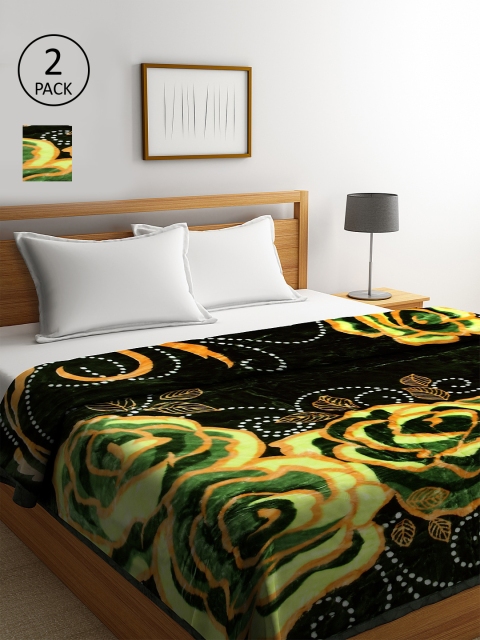 

KLOTTHE Set of 2 Green & Beige Floral-Printed Heavy Winter 800 GSM Double Bed Blankets